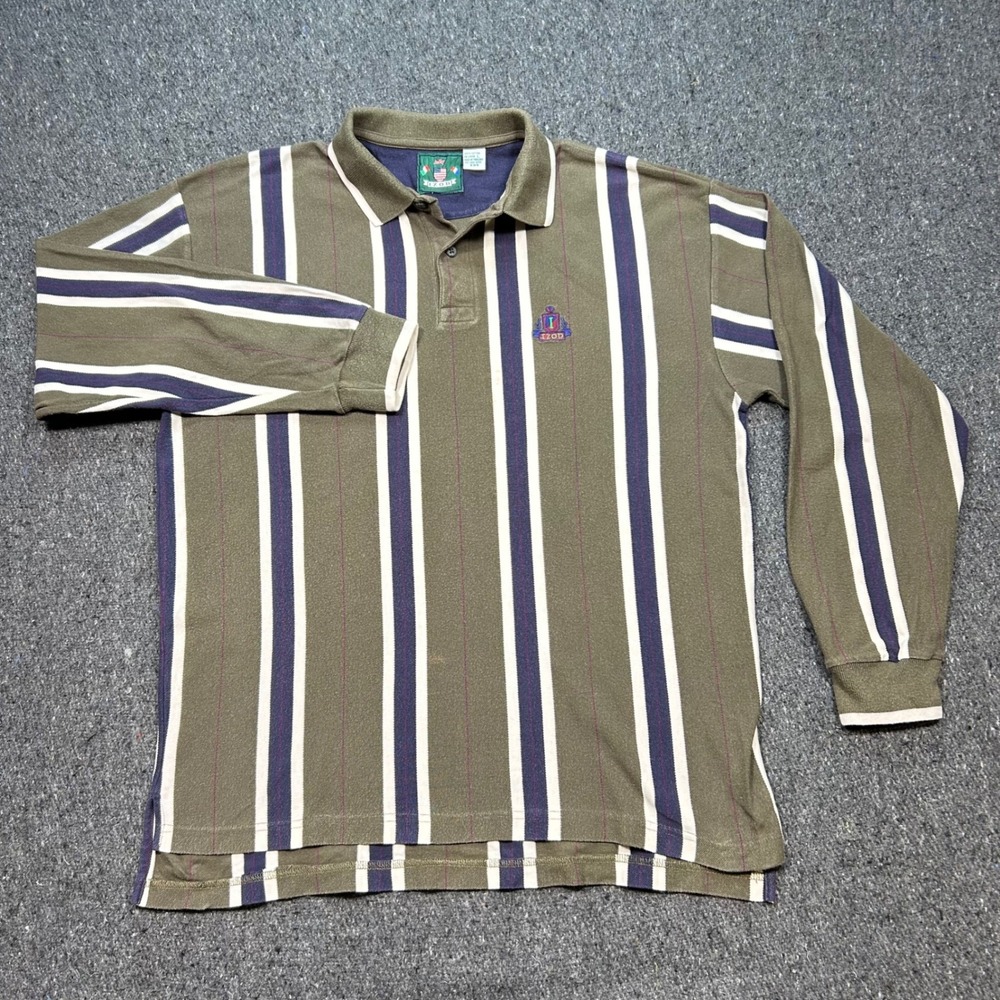 Izod Long Sleeve Polo Shirt Sz L Mens Green Striped 90s Skater Crest Logo Pique